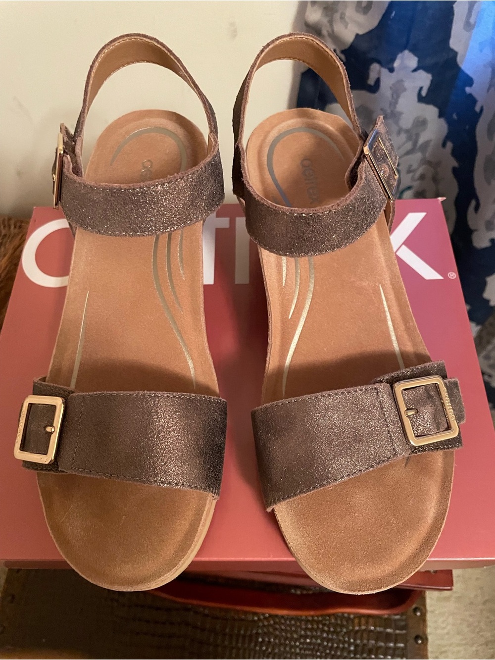 Aetrex Metallic Bronze Suede Wedge Sandals - Picture 2 of 4